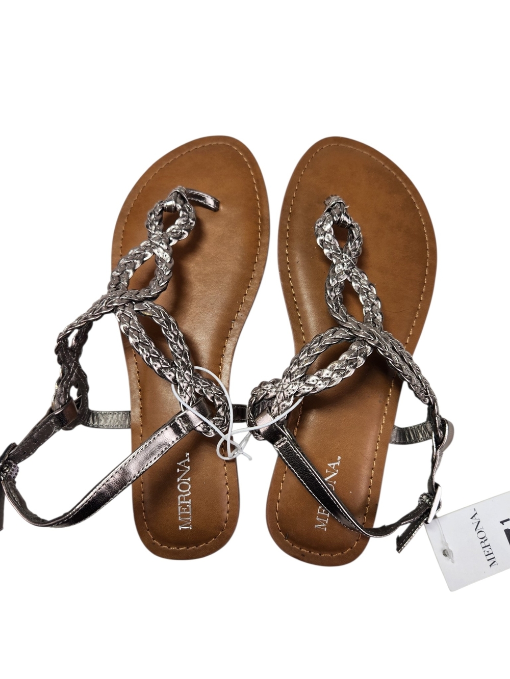 Merona Pewter Braided T Strap Sandals Women's Size 7.5 Metallic Ankle Strap